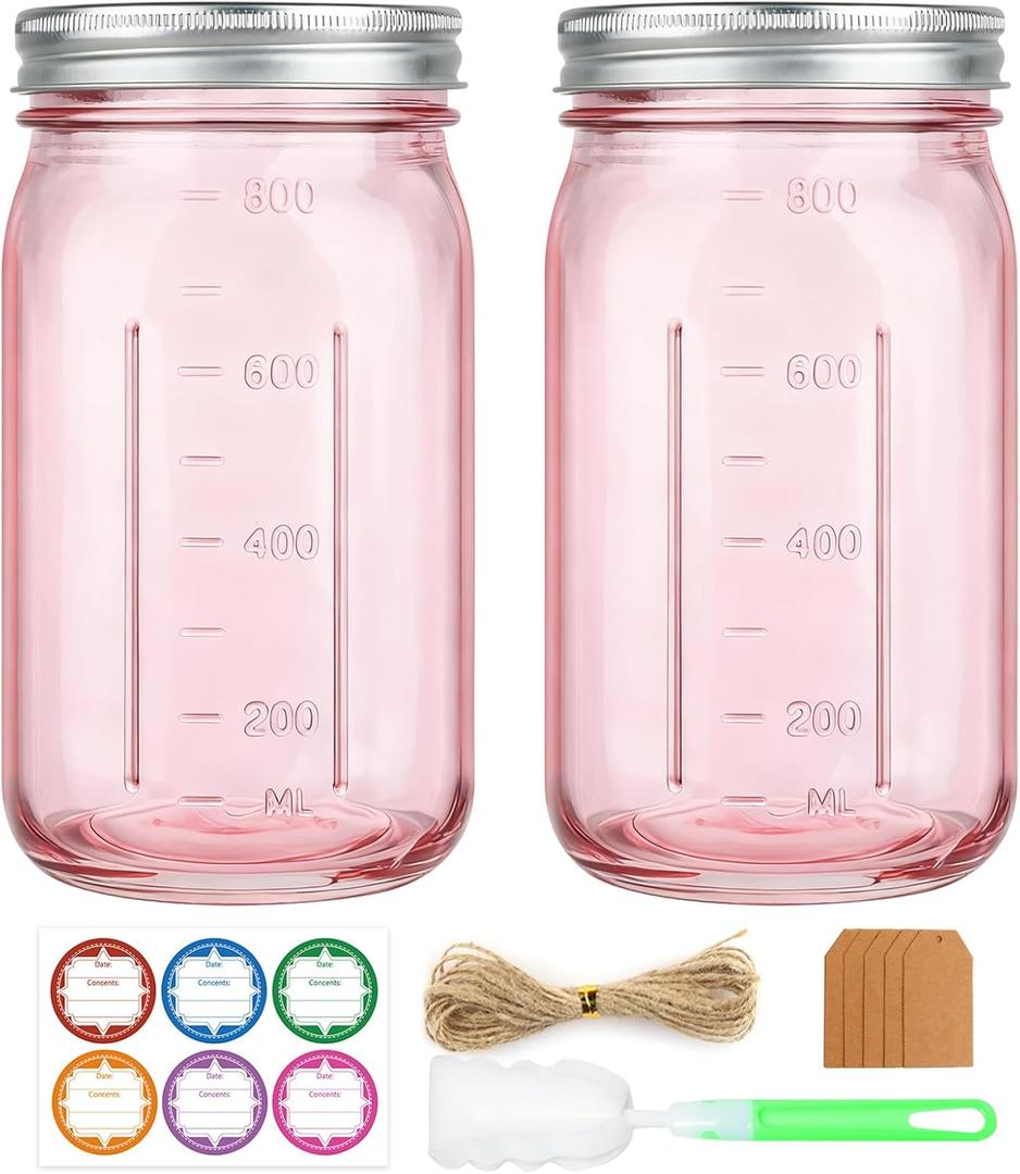 CARBLIN 2 Pack Mason Jars 32 oz, Wide Mouth Canning Jars with Airtight Lids, Glass Pint Jars with Bands Labels Brush, Large Storage Quart Jars for Jam Fermenting Preserving - Pink