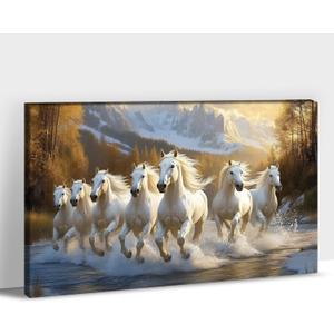 ANRUOXI Horse Pictures Wall Decor, 7 Running Horses Wall Art Vastu With Frame, Horse Posters Canvas Wall Art, Seven Horses Running Painting Vastu Shastra for Living Room Office Ready To Hang 32x48'' (XXL-32x48 inches)