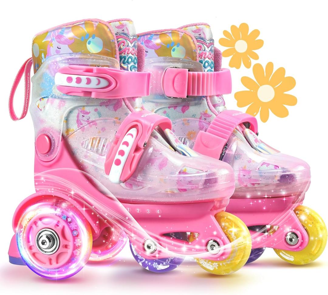 Unicorn Toddler Roller Skates, Kids Training Safety Tripple Protection Roller Skates with 4 Adjustable Sizes, Fun Light-Up Wheels, Little Girls' Fancy Gift (XS-Small(8C-10.5C US), Fairy Pink)