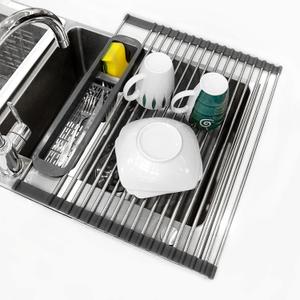 Roll Up Dish Drying Rack Over The Sink, 304 Stainless Stee Dish Drainer, Foldable & Adjustable Sink Drying Rack for Kitchen Sink Counter with Utensil Holder (Gray, Roll Up,Medium,Expandable)