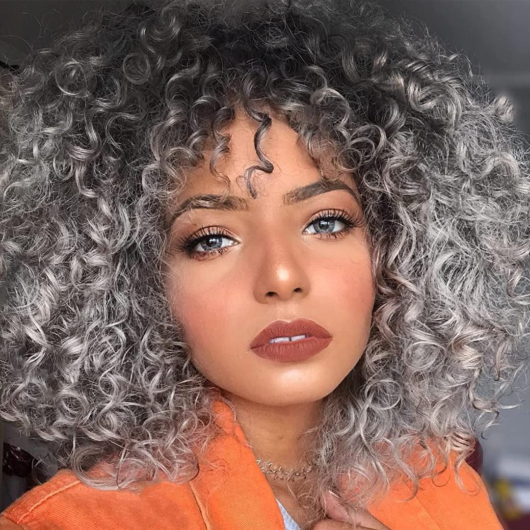 Afro Short Curly Gray Wigs for Black Women,Kinky Ombre Grey Wig With Bangs Synthetic Heat Resistant Hair for Daily Use