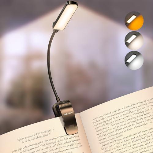 Glocusent 13 LEDs Book Light for Reading at Night, 120 Hrs Runtime Rechargeable Reading Light, Eye Caring 3 Colors & 5 Stepless Dimming Brightness 3–60LM, Book Light Clip On for Book Lovers Kids