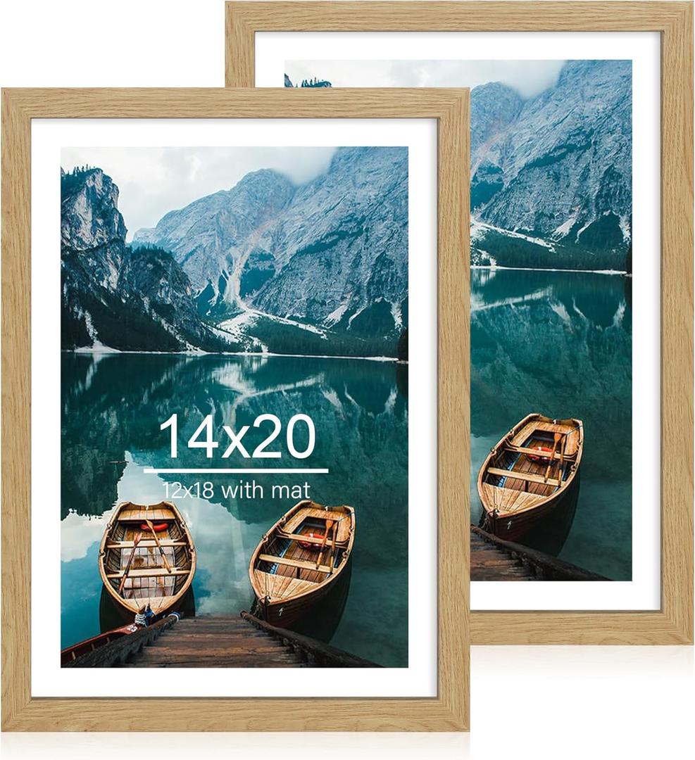 Hongkee 14x20 Picture Frame Set of 2, Natural Oak Wood Style - Display 14 x 20 Picture without Mat or 12x18 Picture with Mat, Wall Mounting Horizontal and Vertical