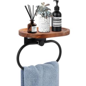 Hand Towel Ring with Shelf, Stainless Steel Hand Towel Holder, Heavy Duty Bath Accessories, Wall Mounted Towel Hanger for Bathroom Kitchen (Wood Black)