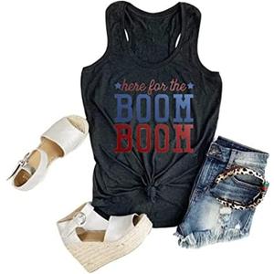 Women's Here for The Boom Tanks Tops 4th of July Shirts Graphic Tee Patriotic Independence Day Sleeveless Shirt (Medium, Black)