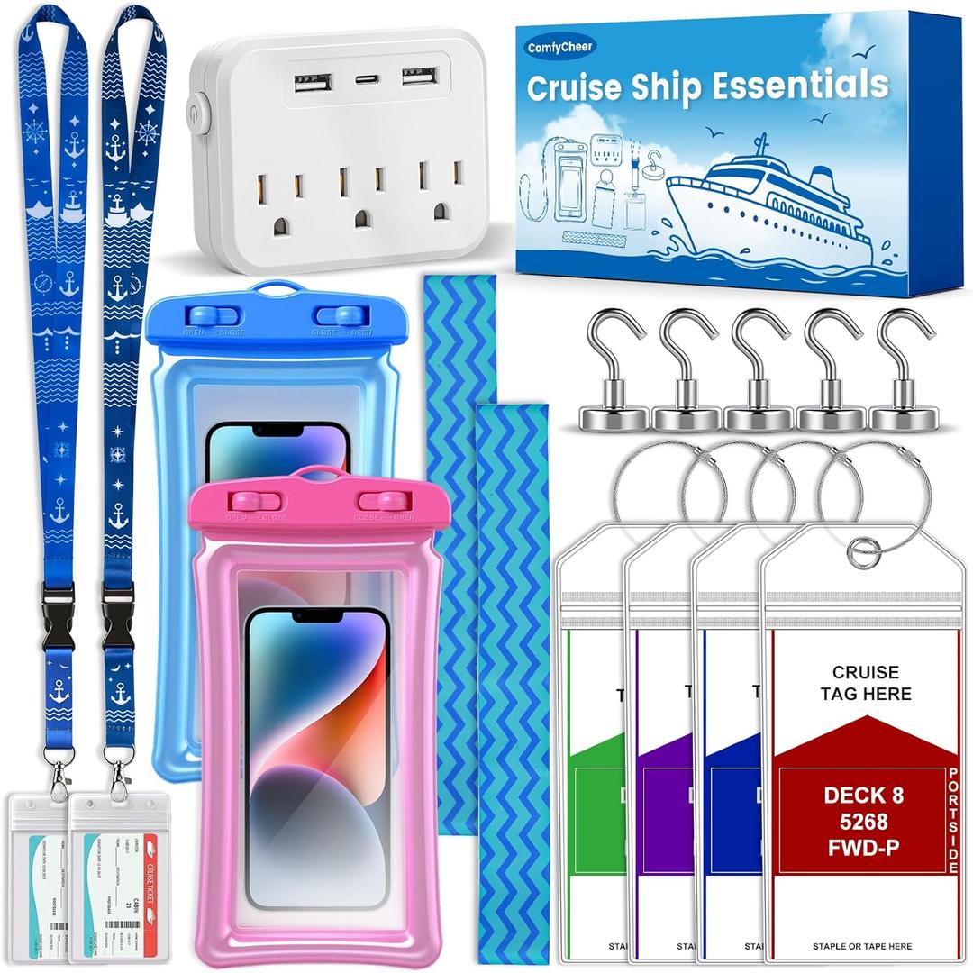 Cruise Essentials 2026,Cruise Must Haves Kit,Non-Surge Protector Power Strip,Magnetic Hooks,Lanyards,Luggage Tags,Towel Bands,Waterproof Phone Pouches,Travel Essentials