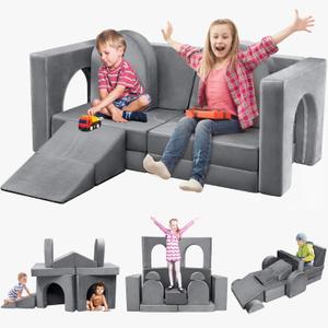 14PCS Modular Play Couch for Toddler Kids Playroom Bedroom, 500+ DIY Kids Couch Boost Creativity Playing Sleeping Reading for Boys Girls Teens (Grey)