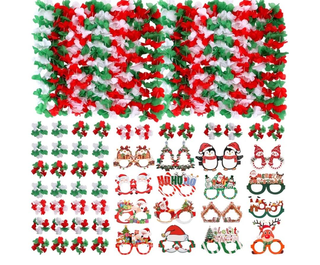 Atonofun 64 PCS Leis for Christmas Party Decorations- Leis Bulk, Red and Green Flower Lei for Adults Birthday Christmas Party Favors Supplies
