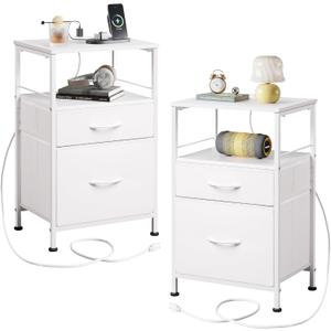 WLIVE Night Stand Set 2, White Nightstand with Charging Station, Nightstands for Bedroom Set of 2, Bedside Tables, Side Table with 2 Fabric Drawers, Small Dresser with USB Ports and Outlets