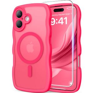 3 in 1 Magnetic for iPhone 17 Case, Cute Wavy [Full Camera Protection] [Fit for MagSafe] 1X Screen Protector+1X Wrist Strap, Anti-Slip Trendy Women Girly Phone Case for iPhone 17 6.3", Hot Pink
