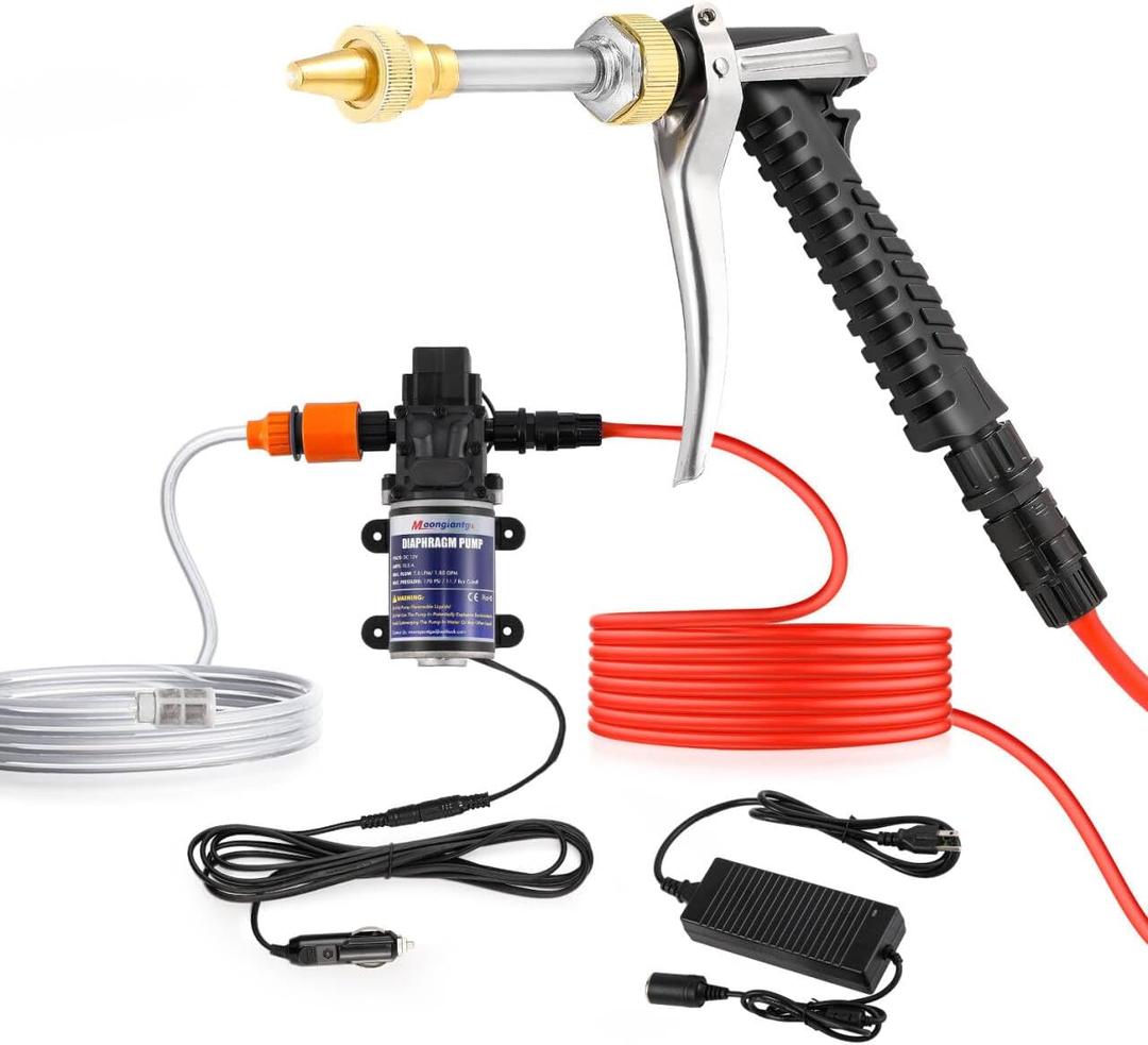 Moongiantgo Portable Washer Pump Kit, 12V 170PSI 1.85GPM Pressure High Flow Boat Washdown Pump with 19.7Ft Hose  Durable for Car, RV Camping, Marine, Yacht, Home & Garden Cleaning(Quick Interface)