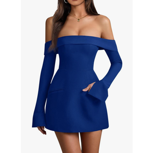 Wenrine Women's Sexy Off The Shoulder Mini Dress Bell Long Sleeve A Line Flared Going Out Club Party Dresses, Navy, Size L