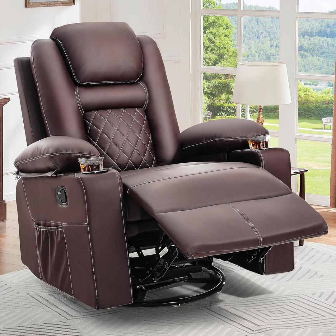 YITAHOME Recliner Chair,PU Rocking Chair for Adults,Swivel Recliner with Cup Holders,Heat and Massage,Single Sofa Seat with Side Pockets for Living Room/Bedroom,Brown