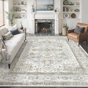 befbee 8x10 Area Rugs for Living Room, Stain Resistant Neutral Washable Rugs for Dining Room, Floral Vintage Non-Slip Thin Large Size Area Rug BlueBeige