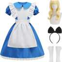 Princess Dress Wonderland Costume for Girls Halloween Dress Up Outfits with Wig (140(7-8T), Blue)