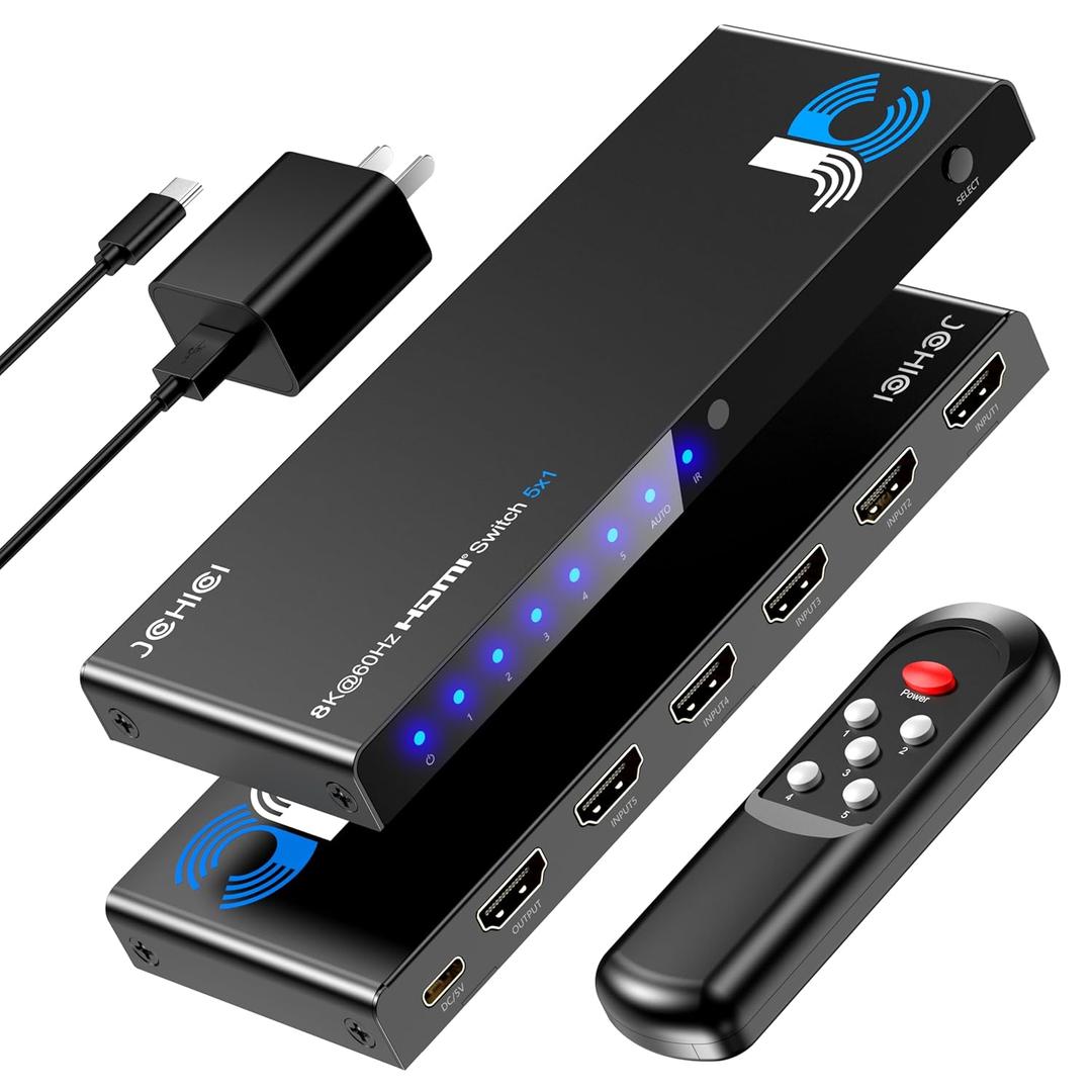 HDMI Switch 5 in 1 Out 8K@60Hz 4K@120Hz - HDMI 2.1 Switcher Splitter with Remote, Auto-Switching - Supports HDCP 2.3, HDR10, Dolby Vision, 3D, VRR - Compatible with PS5/Xbox/PC/Blu-ray Player