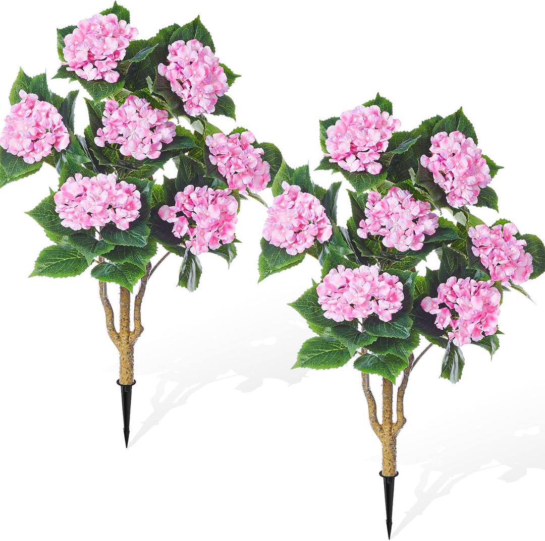 2 Pack Artificial Hydrangea Trees with Spikes 3 ft Faux Hydrangea Flower UV Resistant Spring Summer Floral Blooming Bush for Indoor Outdoor Wedding Front Door Porch Garden Backyard (Pink)