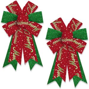 2 Pack Christmas Wreath Bows Christmas Decor Bows Glitter Green Red Words Ribbon Bows for Wreath, Xmas Tree Topper Bows for New Year Party Decoration Home Indoor Outdoor Wreath Ornament Supplies