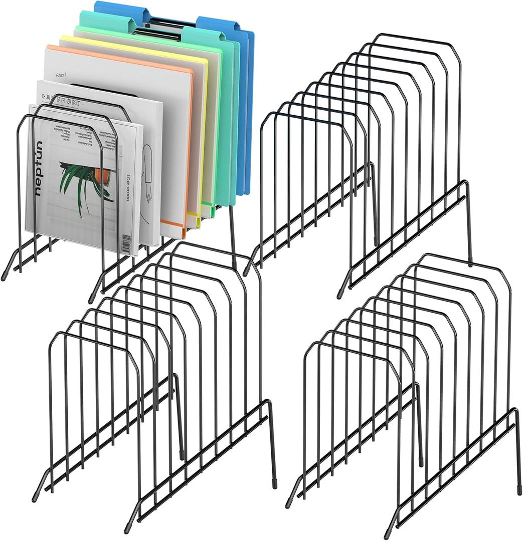 Incline Sorter Desk File Organizer, Metal Desk Magazine Folder Holder with 8-Section Vertical Compartments Rack File Organizer for Office, Home, School (Black, 4Pack)
