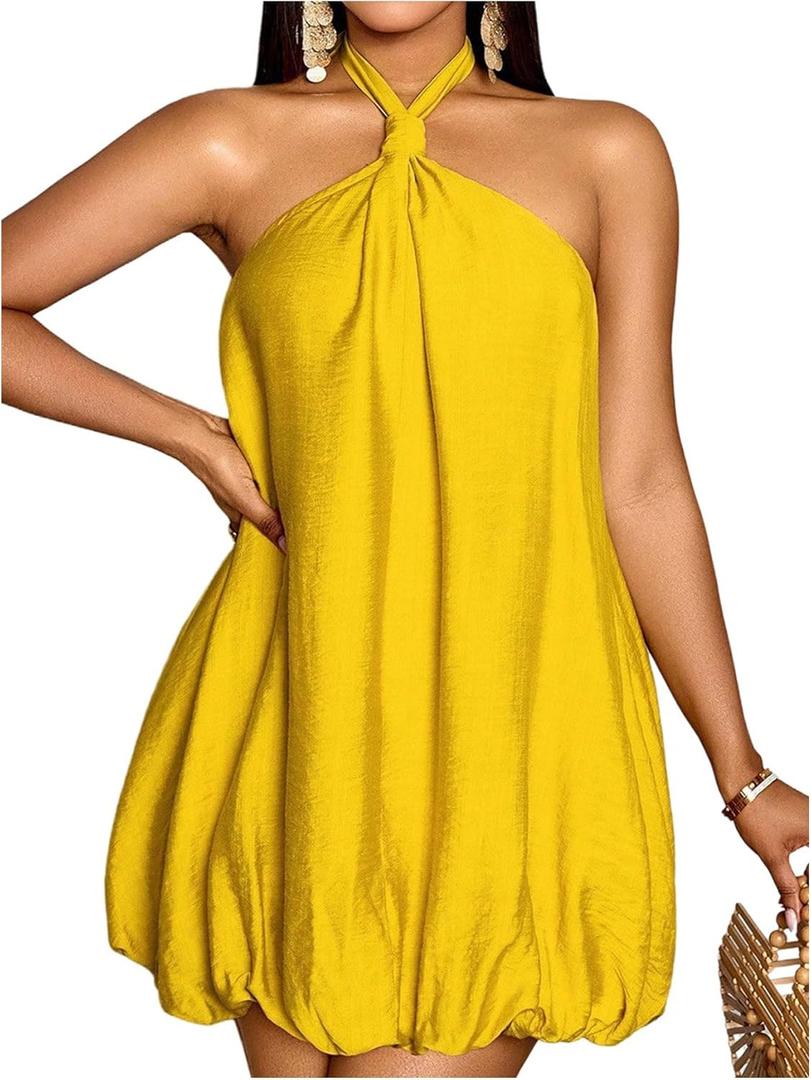 Verdusa Women's Rave Bubble Dress Y2K Tie Backless Halter Dress Sleeveless Vacation Outfits, Size Small