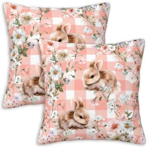 Bunny Throw Pillow Covers 18x18 Set of 2 | Pink Gingham Floral Decorative Cushion Covers | Cottage Rabbit Pillowcases for Couch Sofa Bed Bedroom Living Room