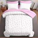 7Pcs Queen Size Comforter Set, Fantasy Blossoms Pink Small Daisy Flowers, Bedding Decor Cute Charming Elegant Rose Floral Blooming Bedroom Bed Set Fitted Flat Sheet Pillowcases Kids Adults