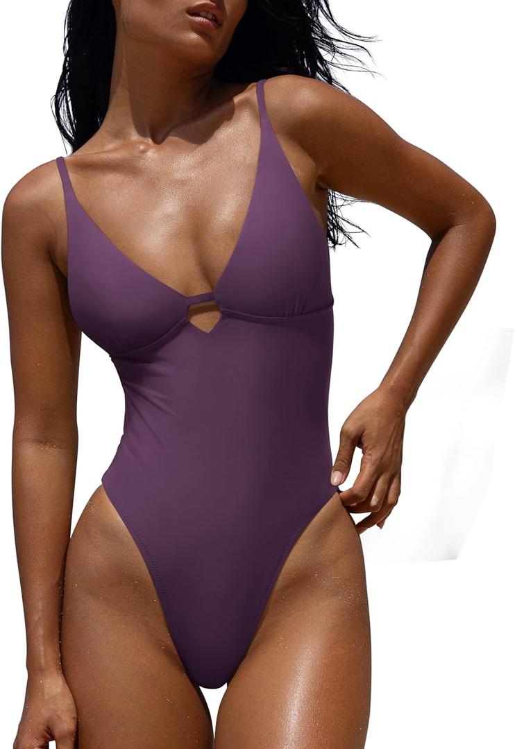 LASLULU Women's Sexy One Piece Swimsuits V Neck Padded Bathing Suit Modest Front Cutout Open Back Slimming Swimsuit (Purple, S)