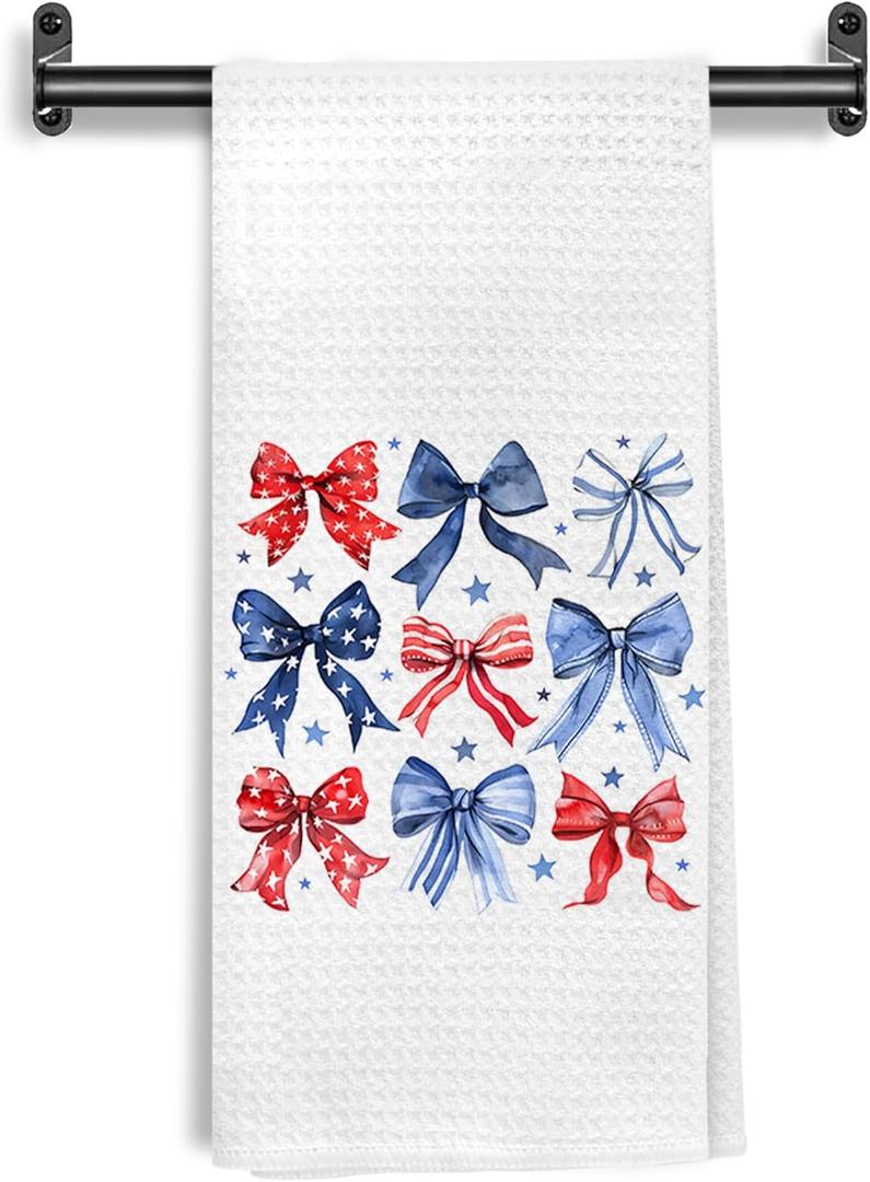 Patriotic 4th of July Kitchen Towels, Coquette Girly Red White and Blue Bow Hand Towels for Bathroom Kitchen Decorative, Independence Day Memorial Dish Tea Towels Drying Cloth, 16x24 Inch