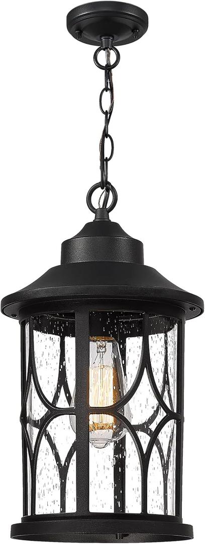 zeyu Outdoor Hanging Light Fixture - 15 Inch Farmhouse Exterior Pendant Light Fixture for Porch with Seeded Glass, Black Finish, ZX48MH BK (Large)