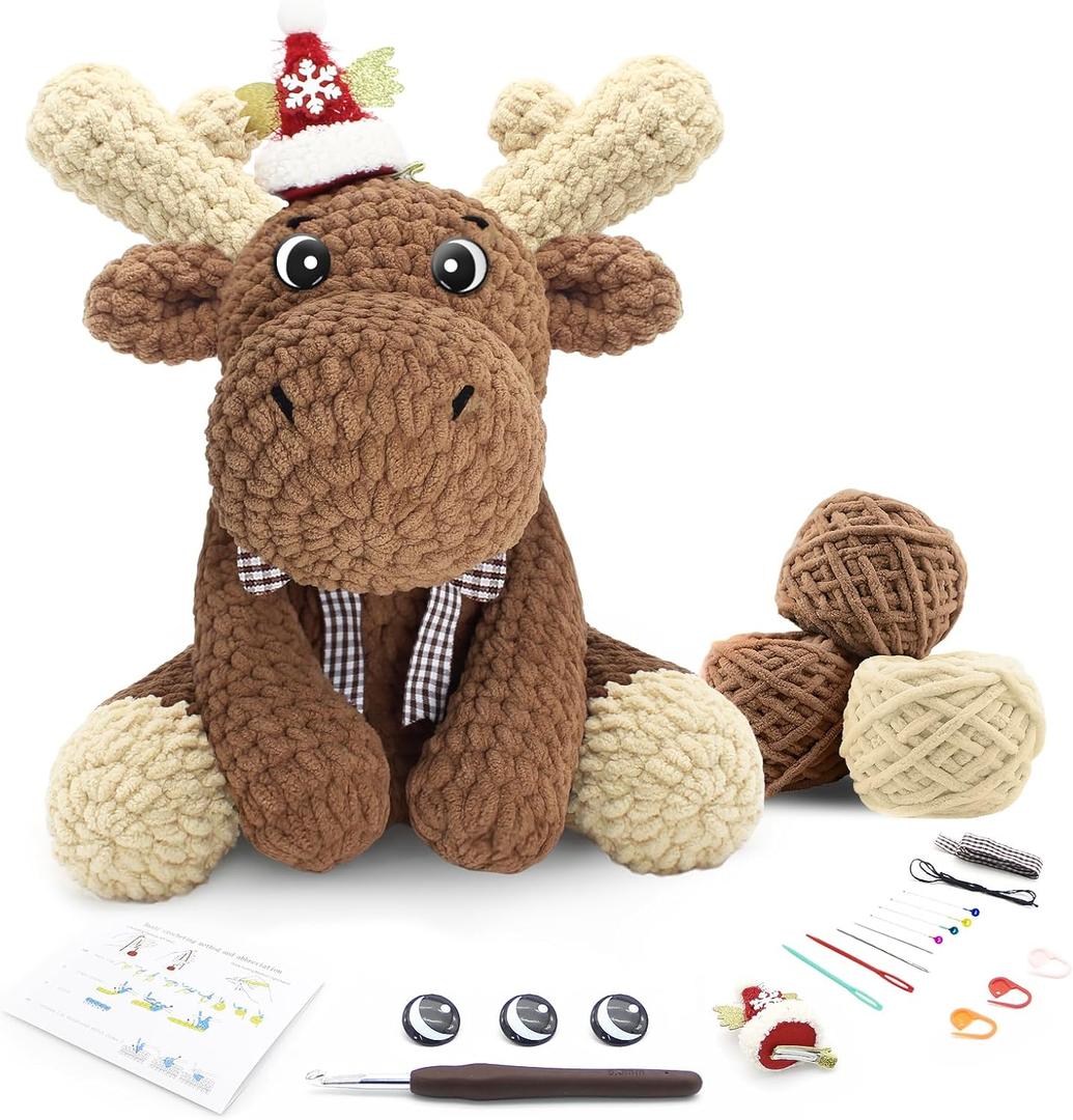 CODGP Crochet Kit for Beginners,11.8in Crochet Animal Kit Elk,Crochet Starter Kit Christmas Gift for Adults Kids with Yarn Sets,Amigurumi Crochet Kit with Step-by-Step Video Tutorials