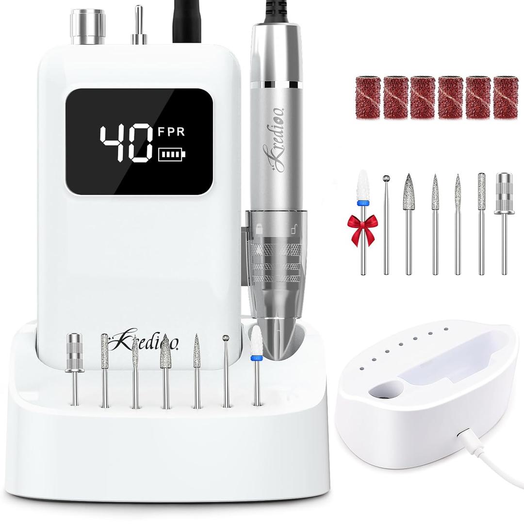 Kredioo Professional Nail Drill Brushless 40,000RPM Rechargeable 2-in-1 Portable Electric Nail File Ultra Silent Salon Must Haves Nail Tool Kit Removing Acylic Gels (White)