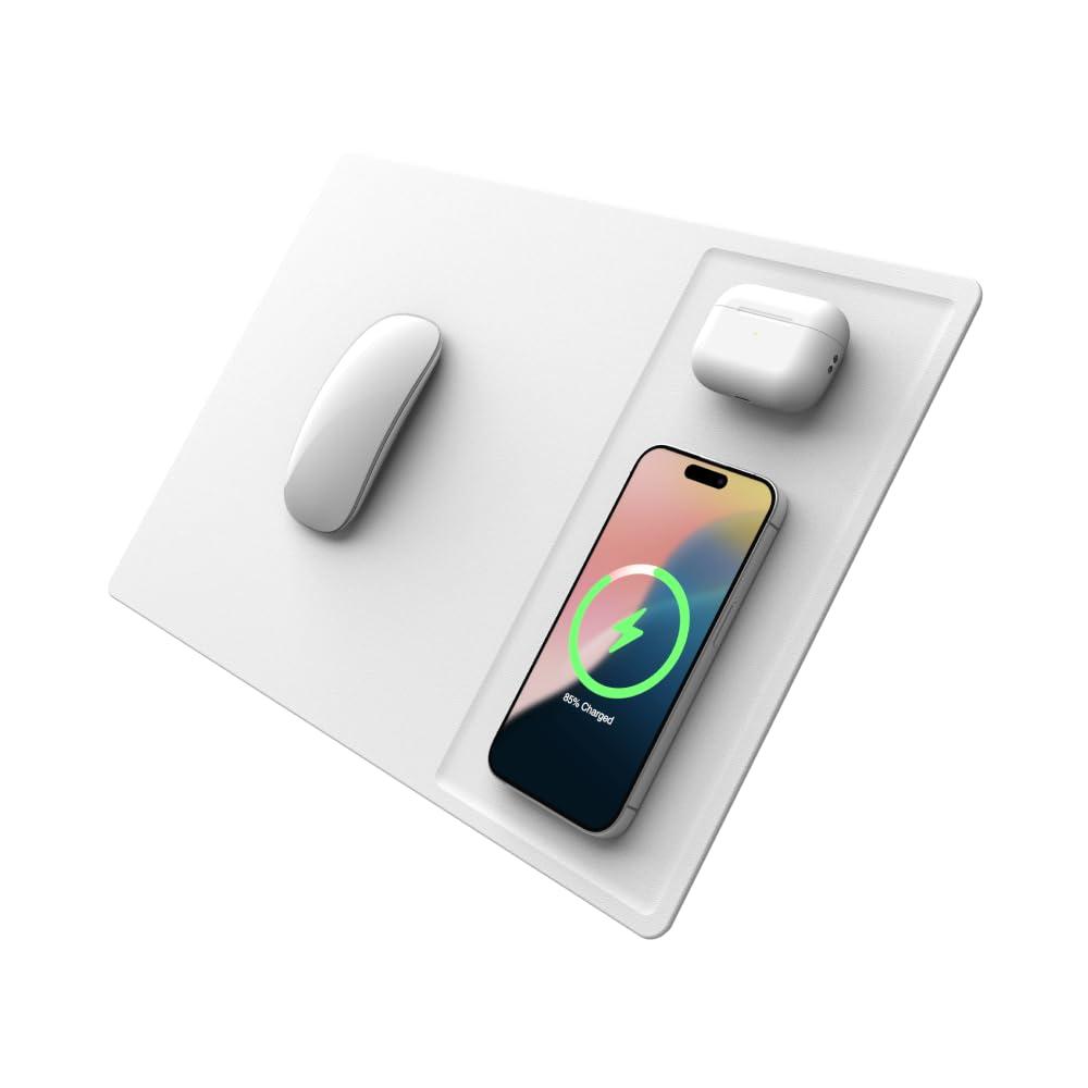 POUT - H3 PRO Dual Qi Wireless Charging Mouse Pad Mat - Dual Fast Wireless Chargers - for MacBook, Laptop & Desk - Charges iPhone, Airpods, Samsung Galaxy & More (Polar White)