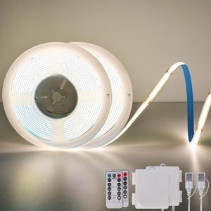 OMIKA COB LED Light Strip, 6.56FT 640LED 4000K Natural White Battery Powered Strip Lights with Remote Control Timer Dimmable Flexible Cuttable Tape Light for Cabinet Shelves Desk Bedroom (2 Pack)