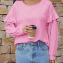 Fisoew Womens Crewneck Sweatshirts Fall Casual Ruffle Long Sleeve Roll Hem Loose Cropped Pullover Tops (Pink)