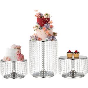 3 Pcs Silver Cake Stand with Crystal Pendants, Metal Cake Stand for Dessert Table, Round Base Cake Display Stand for Wedding, Birthday Party, Home Decor
