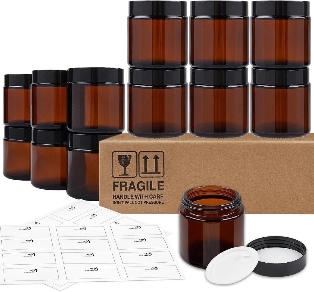 TUZAZO 4 Oz Thick Amber Round Glass Jars with Inner Lids and Black Lids, 12 Pack Small Empty Candle Making Jars/Cosmetic Containers for Lotions, Creams, Body Butters, Essential oil Beauty Products