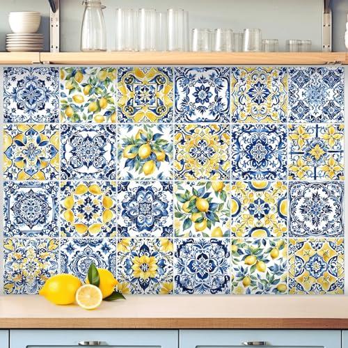 Faccito 12 Pcs Lemon Tile Stickers 4x4 Inch Watercolor Mediterranean Lemon Summer Peel and Stick Removable Self Adhesive PVC Waterproof Tile Stickers Amalfi Coast Decor for Kitchen Bathroom Backsplash