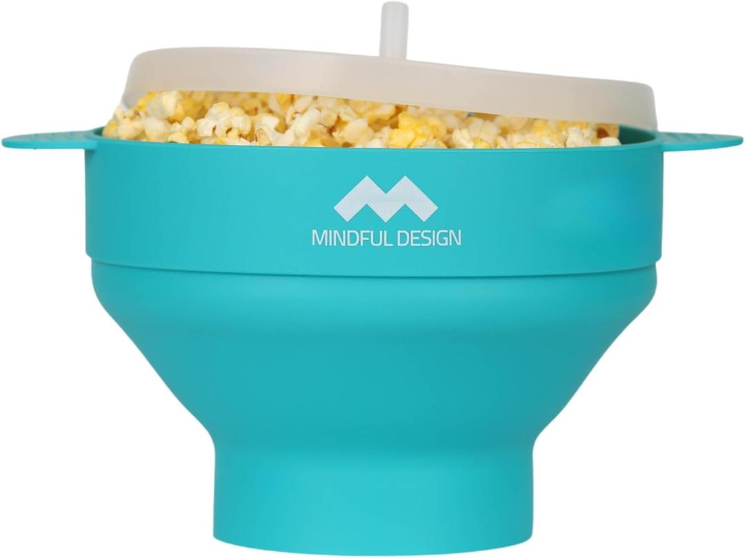 The Original Mindful Design Collapsible Microwave Popcorn Popper - Silicone Bowl, BPA-Free & Dishwasher Safe (Cyan)