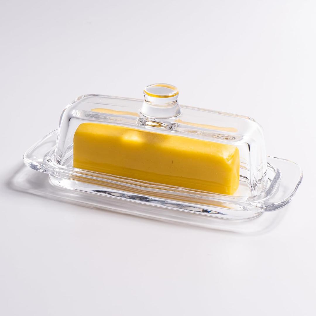 Glass Butter Dish with Cover, Clear Crystal Butter Holder Tray with Lid for Countertop Refrigerator (7.9in)