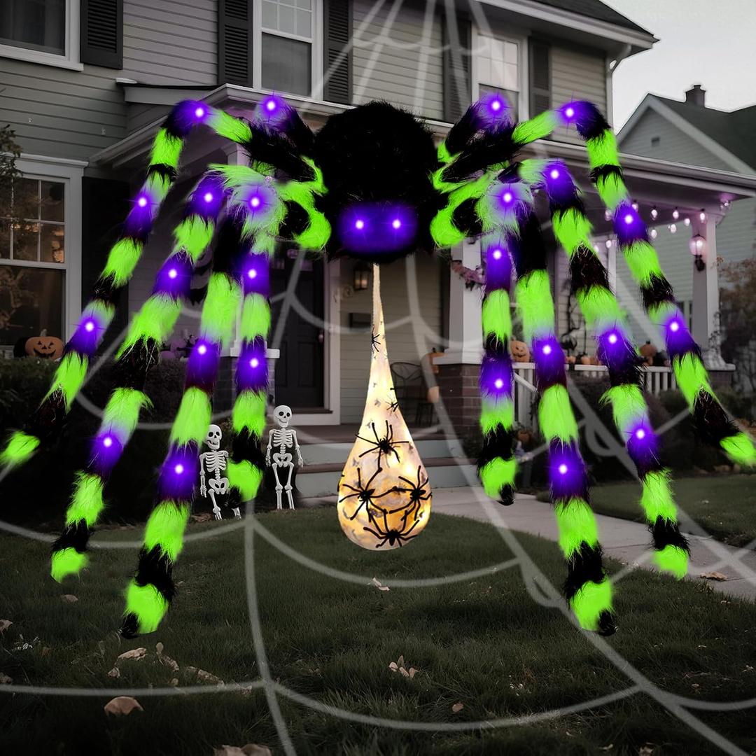 3-in-1 Large Halloween Spider Decorations Set, 50" Huge Spider Hanging with 20" Light Up Spider Egg Totally 36 LEDs Lights Battery Operated Fake Spiders Halloween Decors for Yard Home Party