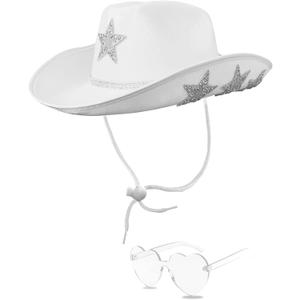 White Cowgirl Hat with Heart Sunglasses - Cowboy Hat with Glitter Star Fits Women for Bachelorette Themed Party