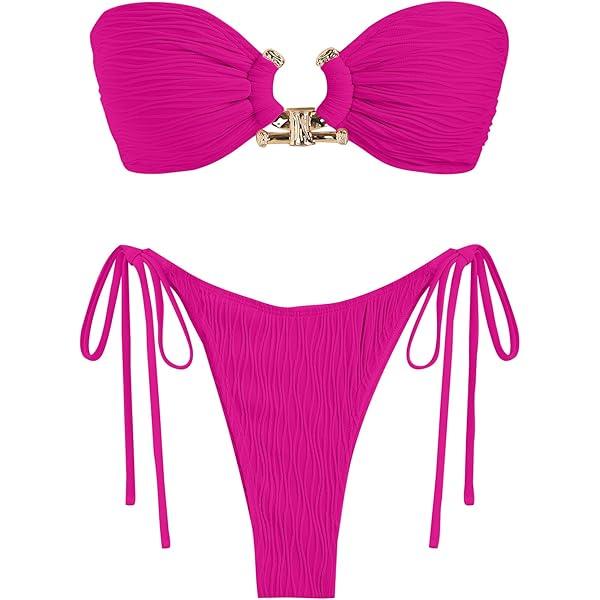 ZAFUL Metal Ring Bandeau Bikini Set Tie Side Bathing Suit High Cut 2 Piece Swimsuit Cutout Swimwear Rose Red Small