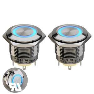 20 Amp 19 mm (3/4'') 2-Piece Latching High Current Pushbutton Switch 110V DC Switch with Blue LED Self-Locking Pushbutton (Blue/Stainless Steel Latching)
