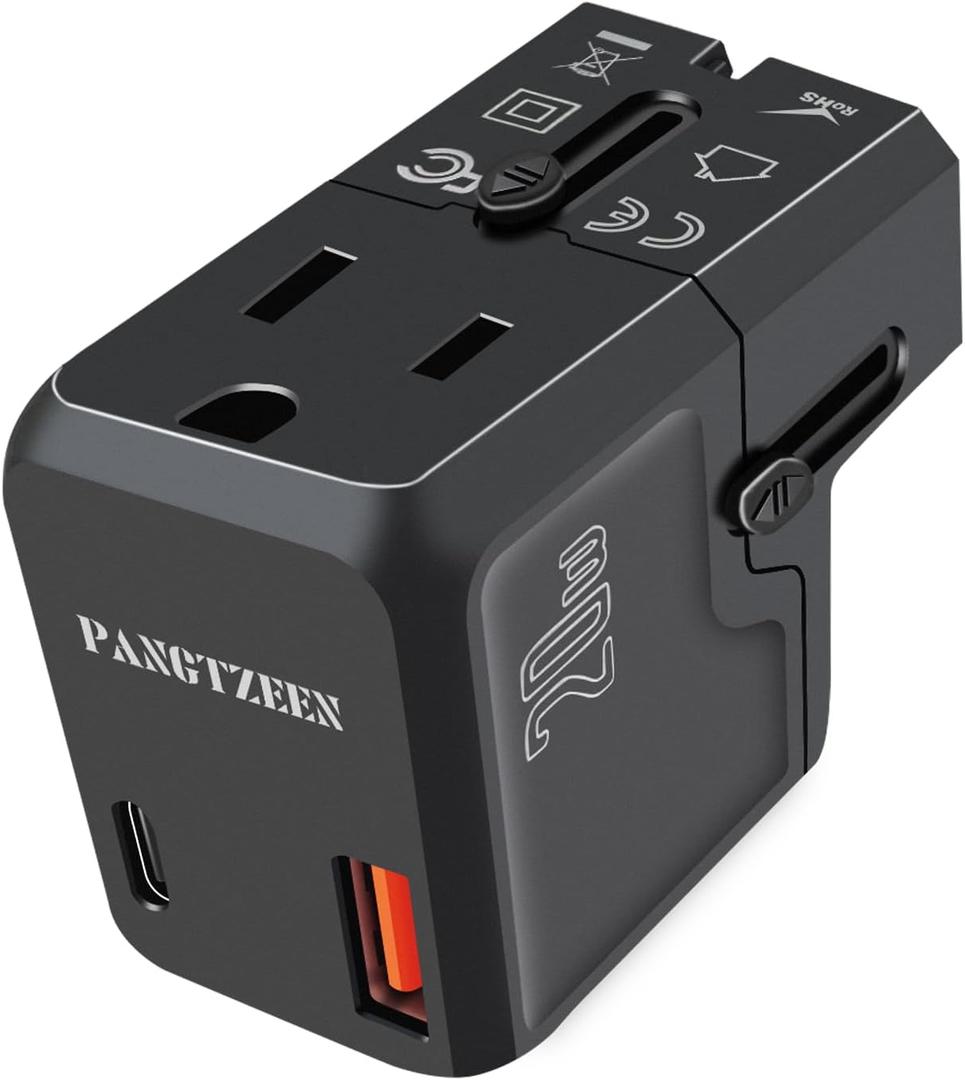 Universal Travel Adapter International Pocket Plug with PD 20W USBC & USBA All-in-one with Type A C G I for US to EU UK AUS USA Worldwide Flight Travel (Black, Not Voltage Converter)