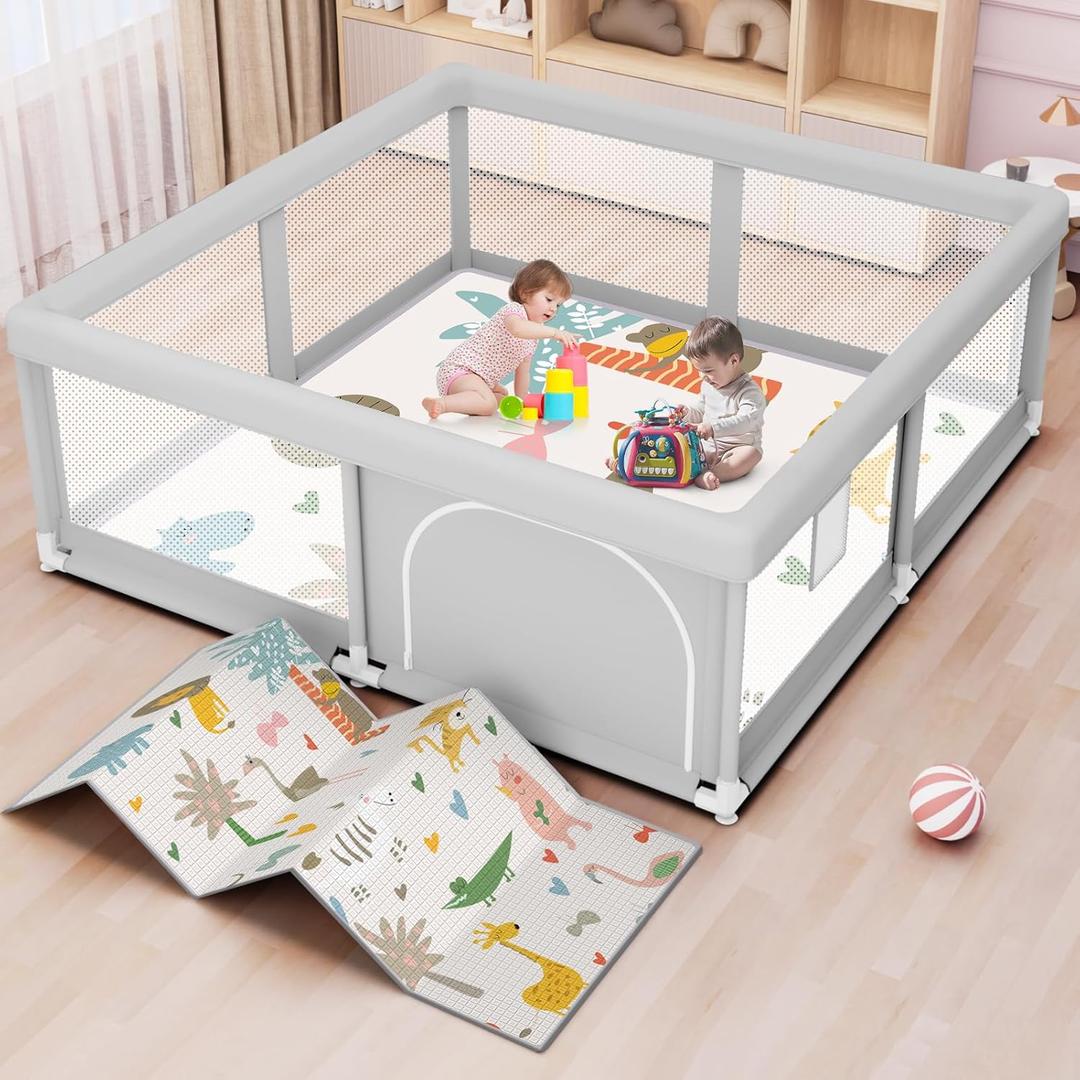 Baby Playpen with Mat 50x50 Inch, Play Pen for Babies and Toddlers with Gate, Baby Fence Sturdy Safety Playpen, Indoor & Outdoor Kids Activity Center