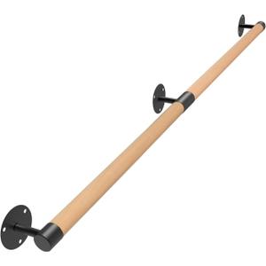 4 FT Wall Mount Wood Handrails for Indoor Stairs- Metal Support Wooden Staircase Handrails, Interior Stair Railings, Banister Hand Railing, Outdoor Grab Bars Safety Handle for Elderly
