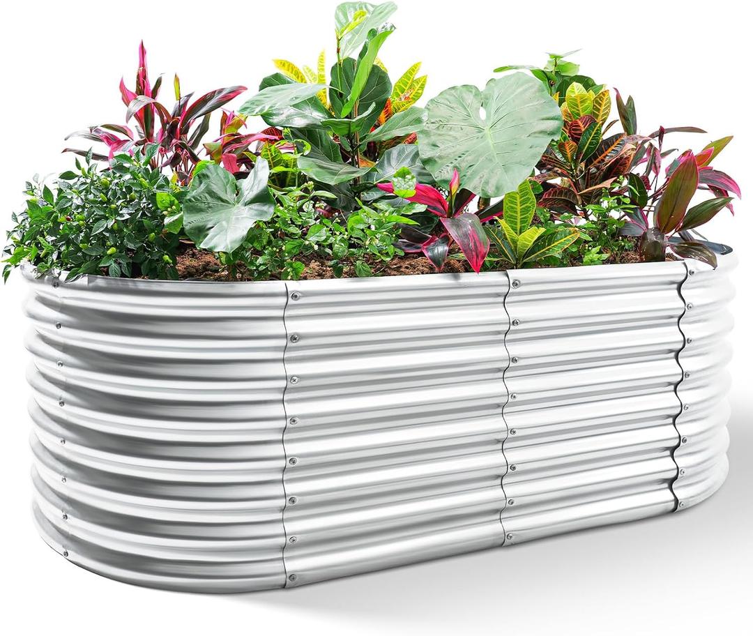 Land Guard 24 Tall Galvanized Raised Garden Bed Kit, Galvanized Planter Garden Boxes Outdoor, Oval Large Metal Raised Garden Bed for Vegetables (Classic Silver, 4x2x2ft)