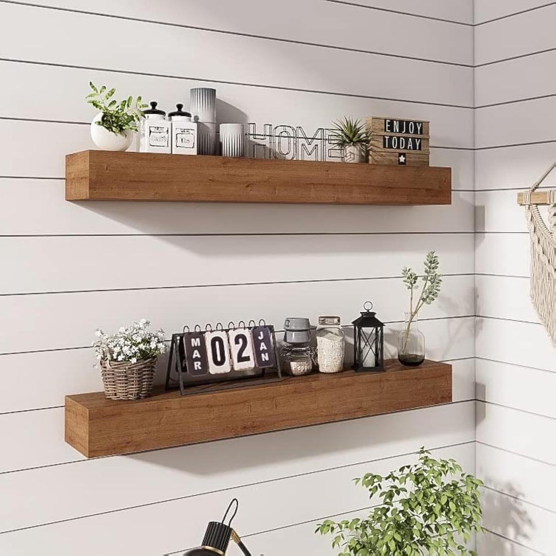 Wall Floating Shelves, Rustic Wood Shelf for Wall Mounted - Wooden Handmade Shelves for Bathroom Kitchen Livingroom(Walnut, 36 Inch - 2 Pack)