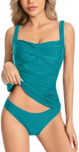 KOKITA Tankini Swimsuits for Women Tummy Control Bathing Suits Halter Ruched Tops Two Piece Swimwear Sets, Size M