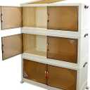 Stackable Storage Bins with Lid -Large 430Qt 3Tier Folding Storage White with Magnetic Doors & Wheels, Closet Organizersfor Home,Garage,Office,Shoes,carport (3 Tier)